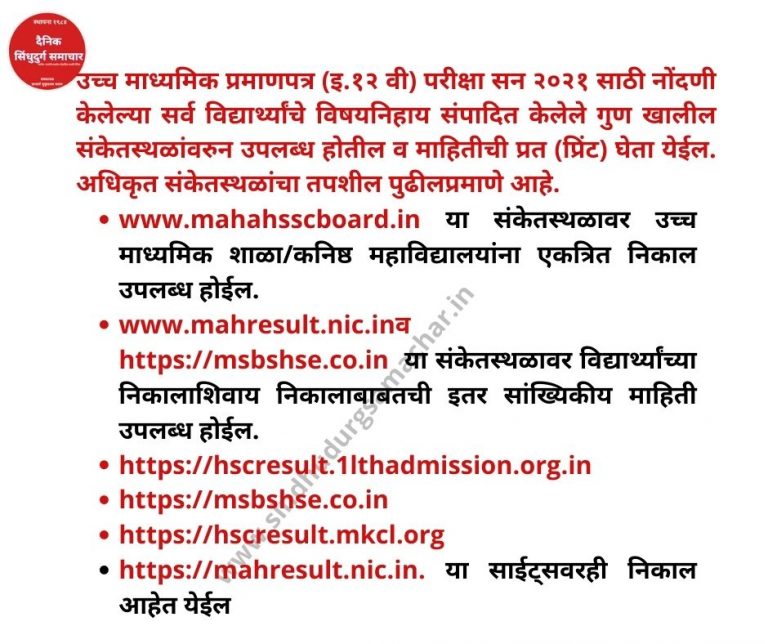 उच्च माध्यमिक प्रमाणपत्र परीक्षा (बारावी) सन २०२१ चा सुधारित मूल्यमापन कार्यपद्धतीनुसार उद्या निकाल