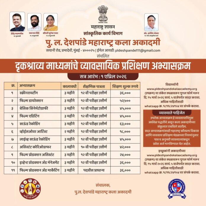 पु. ल. देशपांडे महाराष्ट्र कला अकादमीतर्फे दृकश्राव्य माध्यमांच्या प्रशिक्षण अभ्यासक्रमांसाठी प्रवेश सुरू