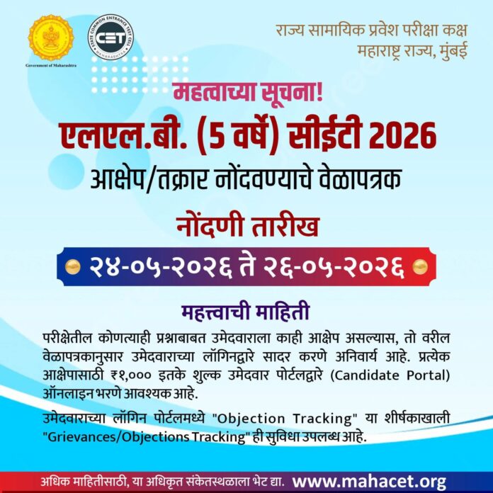 एलएल.बी. (५ वर्षे) CET 2026 परीक्षेबाबत आक्षेप / तक्रार नोंदविण्याची अंतिम तारीख २५ मे