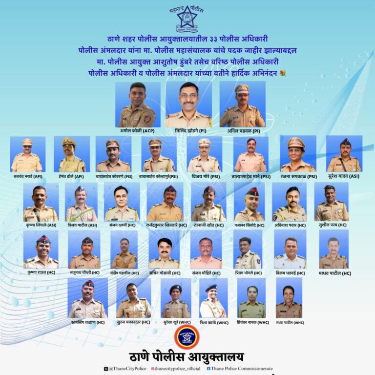 ठाणे पोलीस आयुक्तालयातील ३३ अधिकारी व अंमलदारांना पोलीस महासंचालक पदक जाहीर