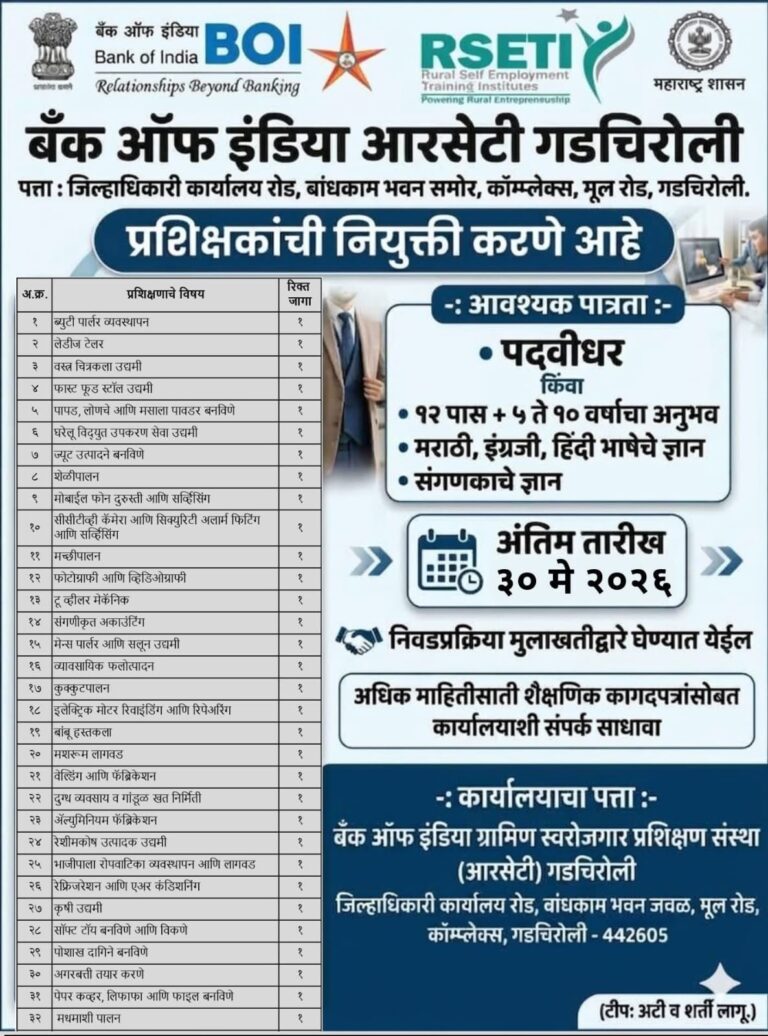 बँक ऑफ इंडिया आरसेटी गडचिरोलीमध्ये प्रशिक्षक पदांसाठी भरती; अर्जाची अंतिम तारीख ३० मे