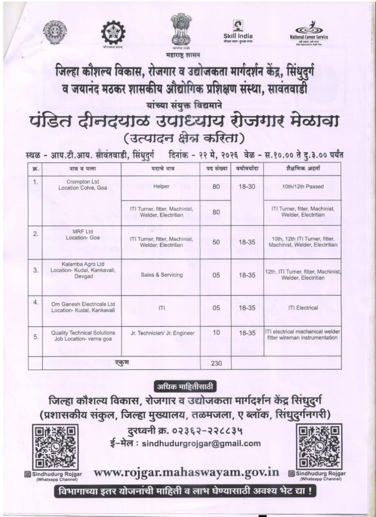 सावंतवाडीत २२ मे रोजी भव्य रोजगार मेळावा