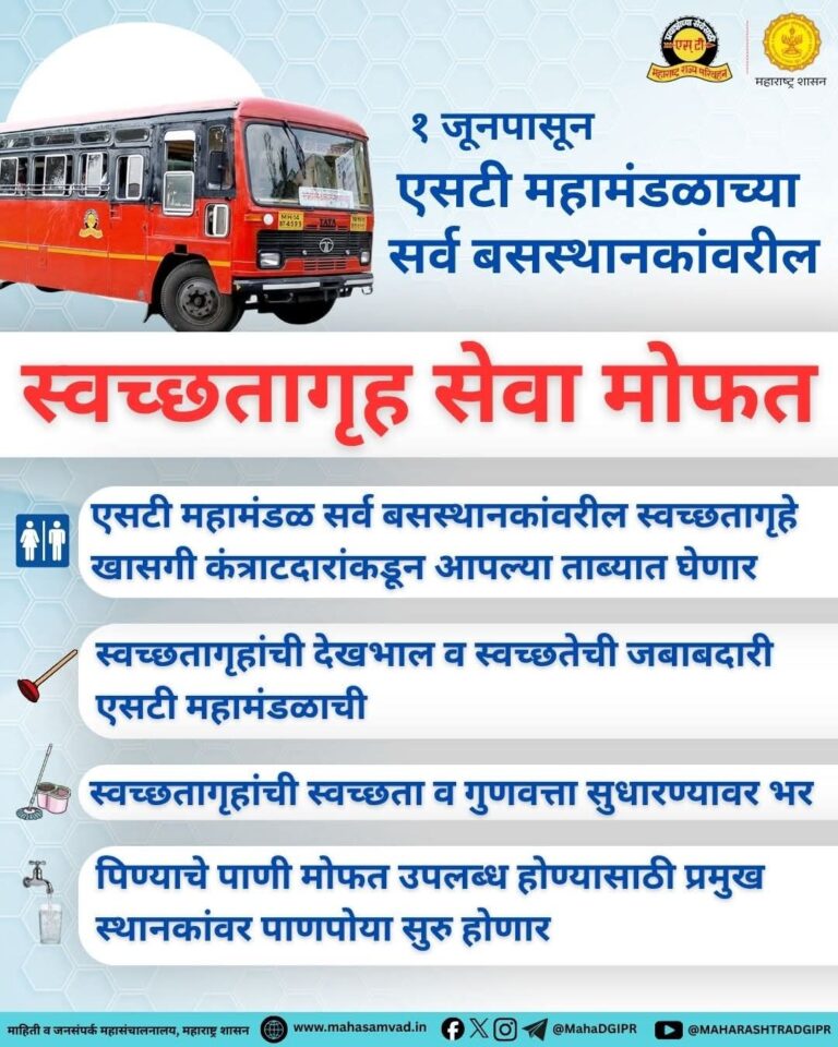 १ जून २०२६ पासून एसटी बसस्थानकांवरील स्वच्छतागृह सेवा मोफत