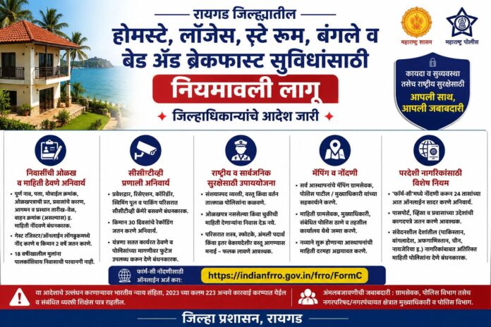 रायगड जिल्ह्यातील होमस्टे, लॉजेस, स्टे रूम, बंगले व बेड अँड ब्रेकफास्ट सुविधांसाठी नियमावली लागू