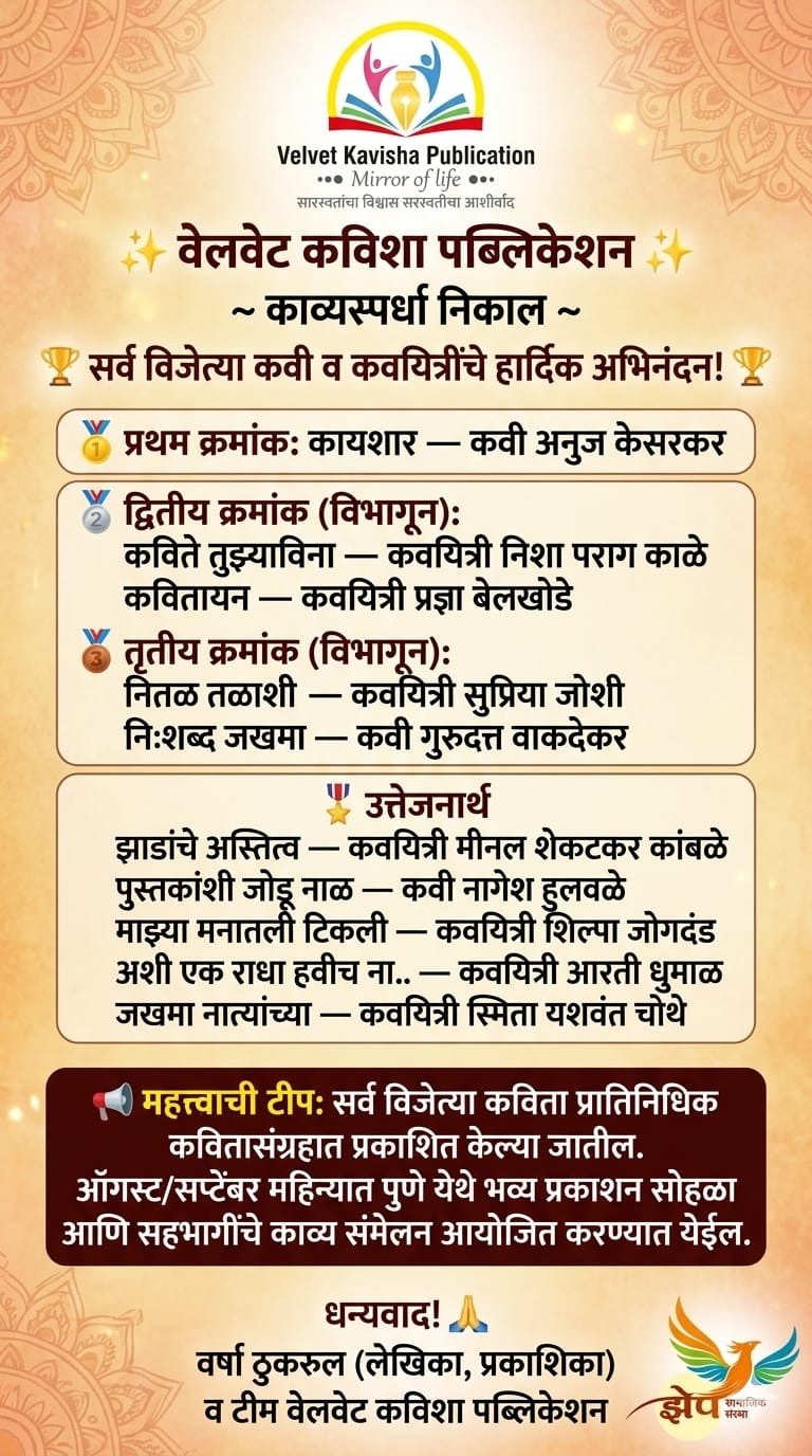 वेलवेट कविशा पब्लिकेशन काव्यस्पर्धेचे निकाल जाहीर; ५१ कवितांमधून विजेत्यांची निवड