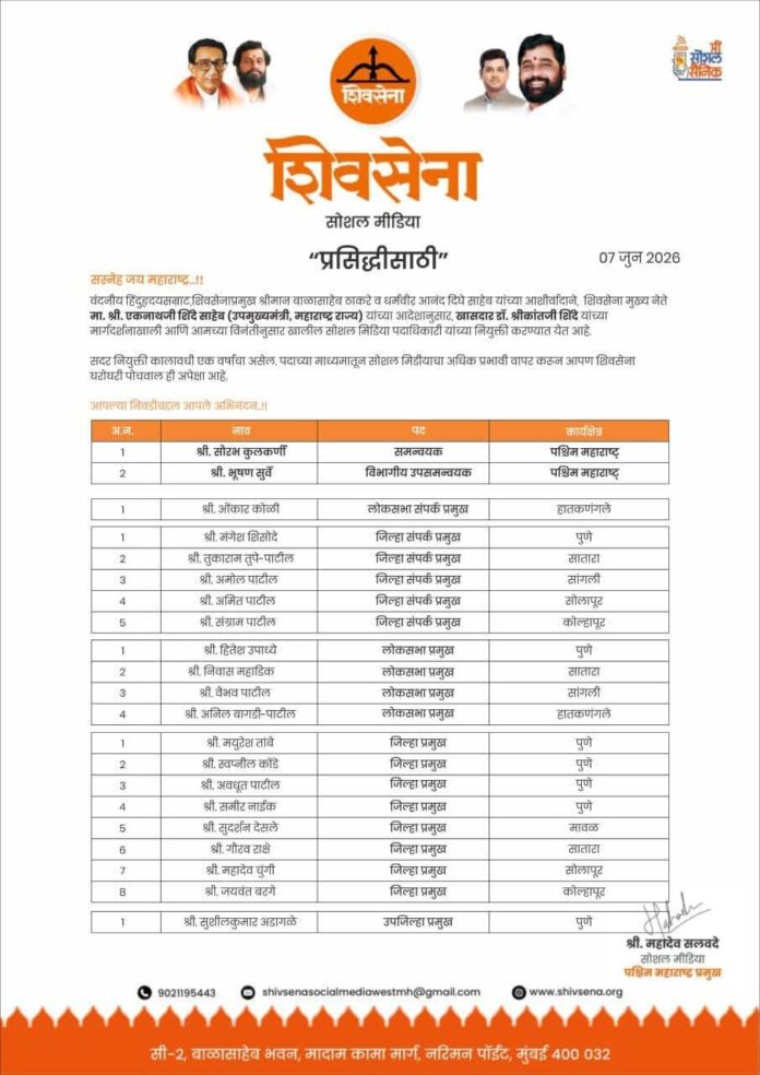शिवसेनेच्या सोशल मीडिया पदाधिकाऱ्यांच्या नियुक्त्या जाहीर