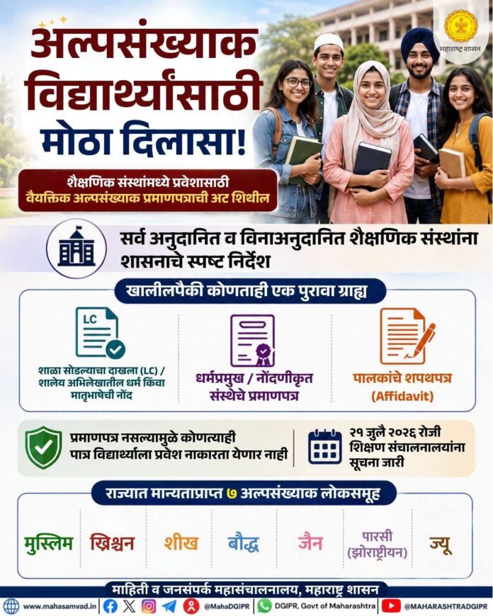 अल्पसंख्याक विद्यार्थ्यांना प्रवेशासाठी वैयक्तिक अल्पसंख्याक प्रमाणपत्राची अट शिथील