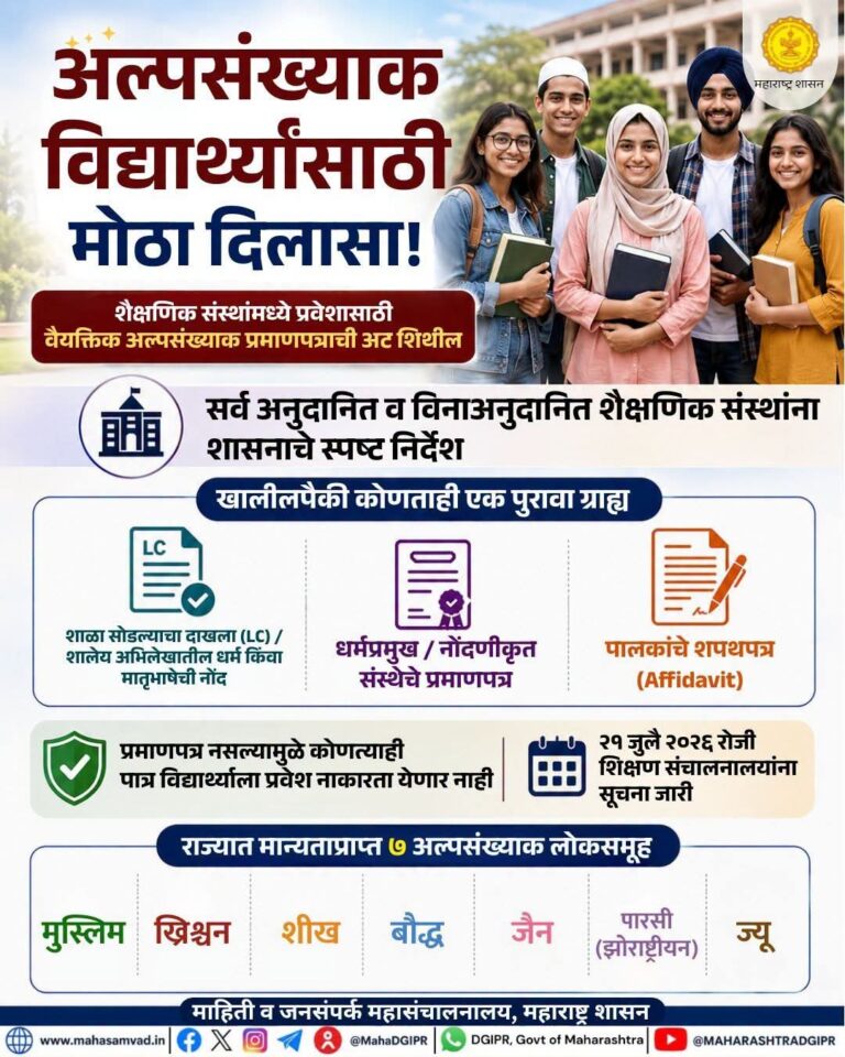 अल्पसंख्याक विद्यार्थ्यांना प्रवेशासाठी वैयक्तिक अल्पसंख्याक प्रमाणपत्राची अट शिथील