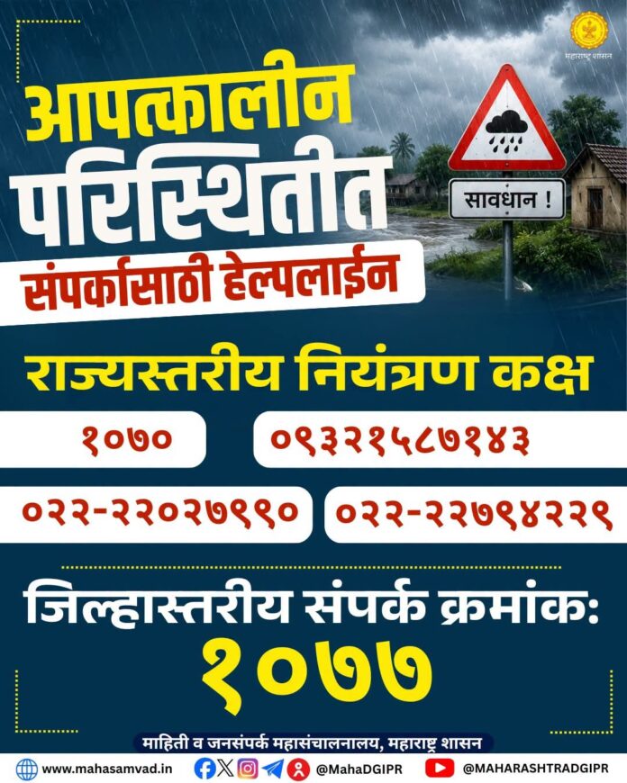 आपत्कालीन परिस्थितीत नागरिकांना हेल्पलाईन संपर्क क्रमांकराज्य शासनाकडून जाहीर