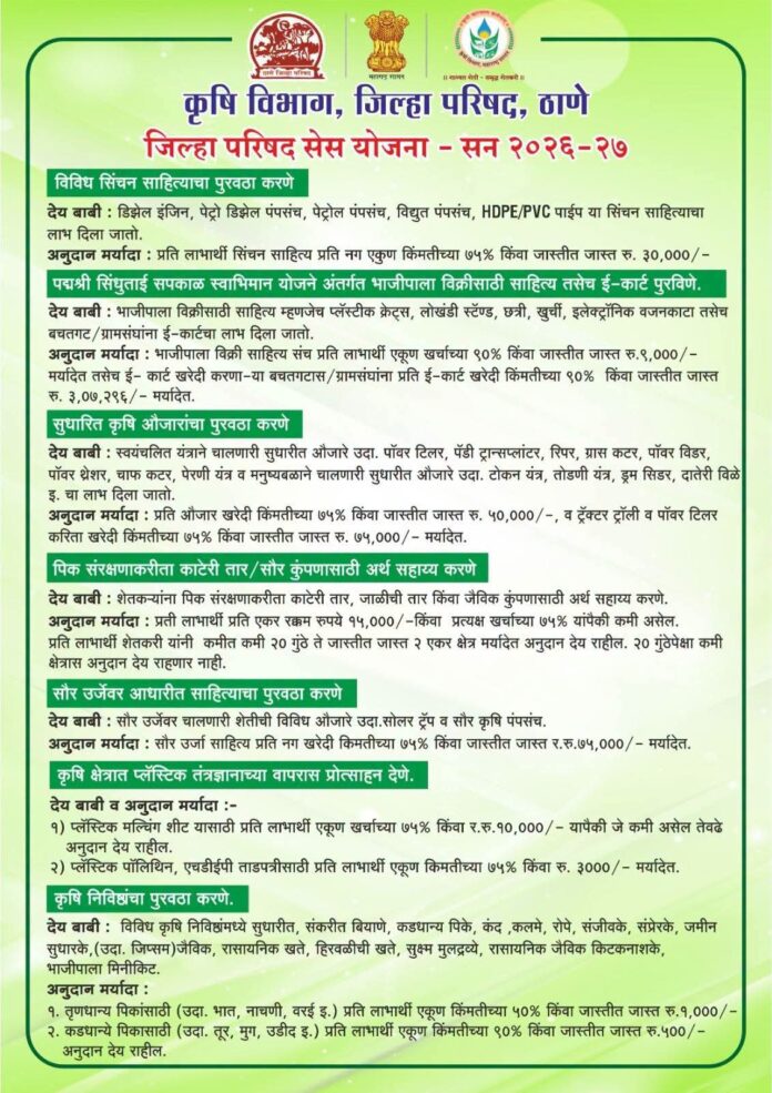 जिल्हा परिषद ठाणे सेस योजना २०२६-२७ : शेतकऱ्यांसाठी विविध योजनांवर आकर्षक अनुदान