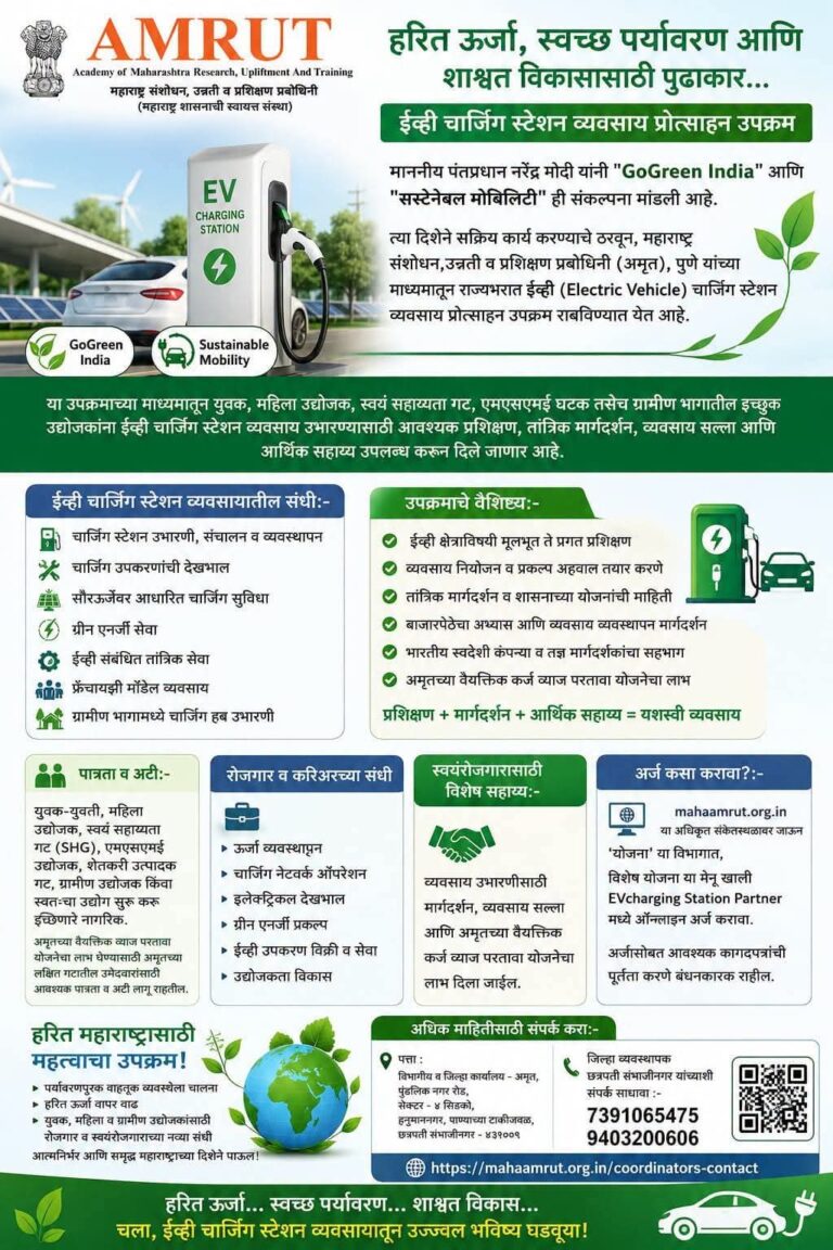 महाराष्ट्र संशोधन, उन्नती व प्रशिक्षण प्रबोधिनी (अमृत), पुणे यांच्या माध्यमातून राज्यभरात ईव्ही (Electric Vehicle) चार्जिंग स्टेशन व्यवसाय प्रोत्साहन