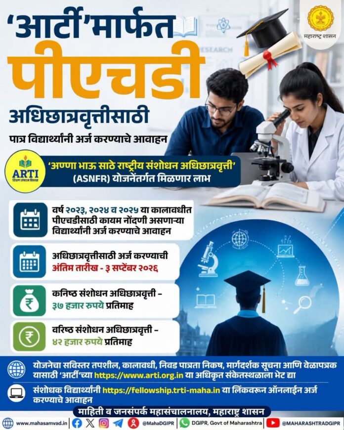 'आर्टी'मार्फत पीएचडी अधिछात्रवृत्तीसाठी अर्ज मागविले; ३ सप्टेंबरपर्यंत संधी