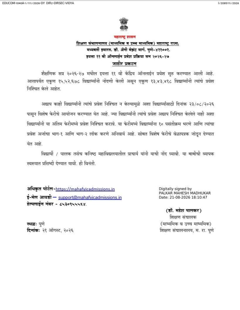 इयत्ता ११वी केंद्रीय ऑनलाइन प्रवेश प्रक्रियेला अंतिम मुदतवाढ