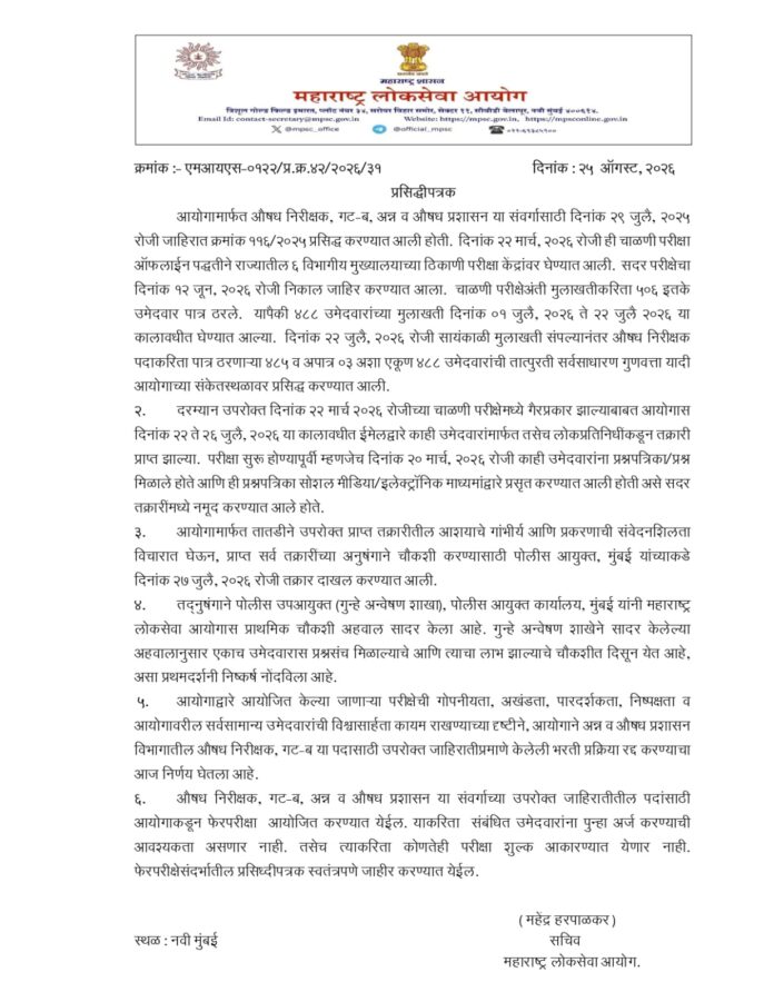 औषध निरीक्षक गट-ब भरती प्रक्रिया रद्द; फेरपरीक्षा होणार