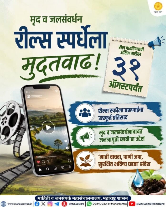 मृद व जलसंवर्धन रील्स स्पर्धेला ३१ ऑगस्टपर्यंत मुदतवाढ