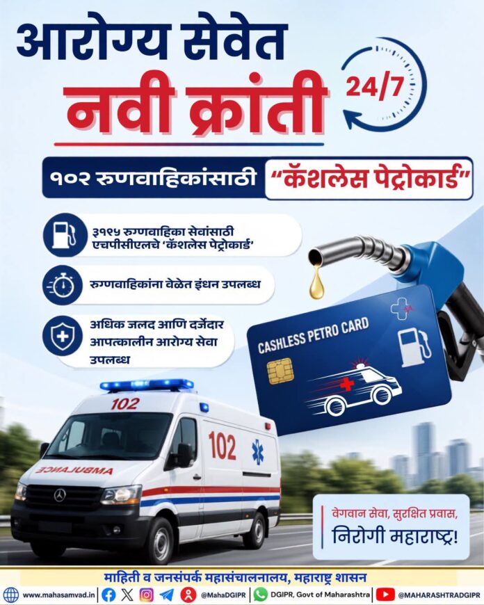 राज्यातील ३,१९५ सरकारी रुग्णवाहिकांसाठी कॅशलेस पेट्रोकार्ड