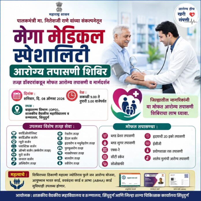 सिंधुदुर्गात उद्या मेगा मेडिकल स्पेशालिटी आरोग्य तपासणी शिबिर