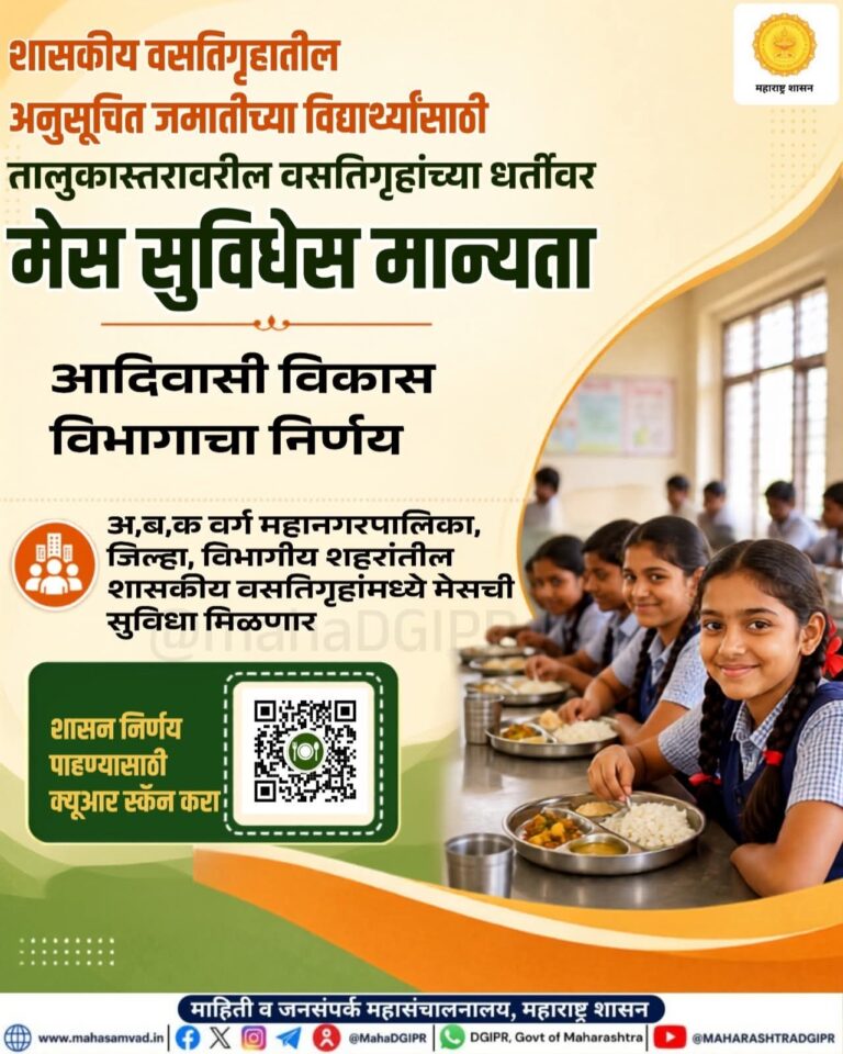 आदिवासी विद्यार्थ्यांसाठी शासकीय वसतिगृहांत मेस सुविधा; आदिवासी विकास विभागाचा निर्णय