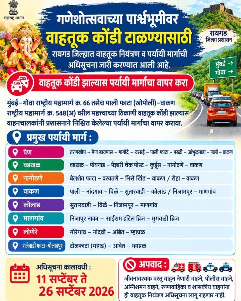 गणेशोत्सवाच्या पार्श्वभूमीवर रायगड जिल्ह्यात वाहतूक नियंत्रणाची अधिसूचना