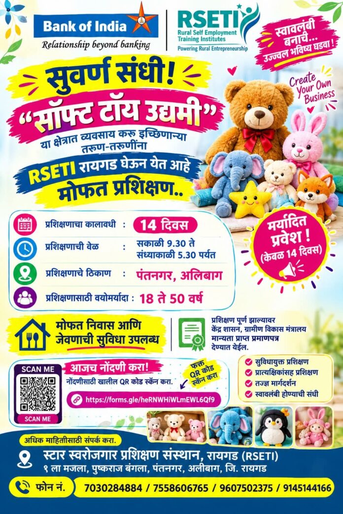 ‘सॉफ्ट टॉय उद्यमी’ होण्याची सुवर्णसंधी; रायगडमध्ये मोफत प्रशिक्षण