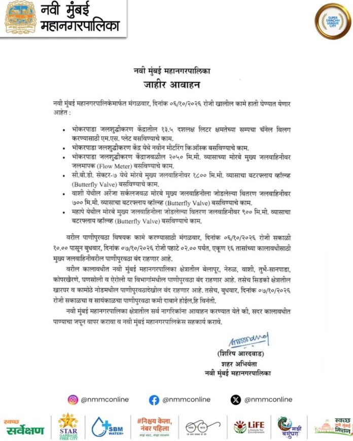 नवी मुंबईत १६ तास पाणीपुरवठा बंद; बेलापूर, नेरुळसह खारघर-कामोठे प्रभावित