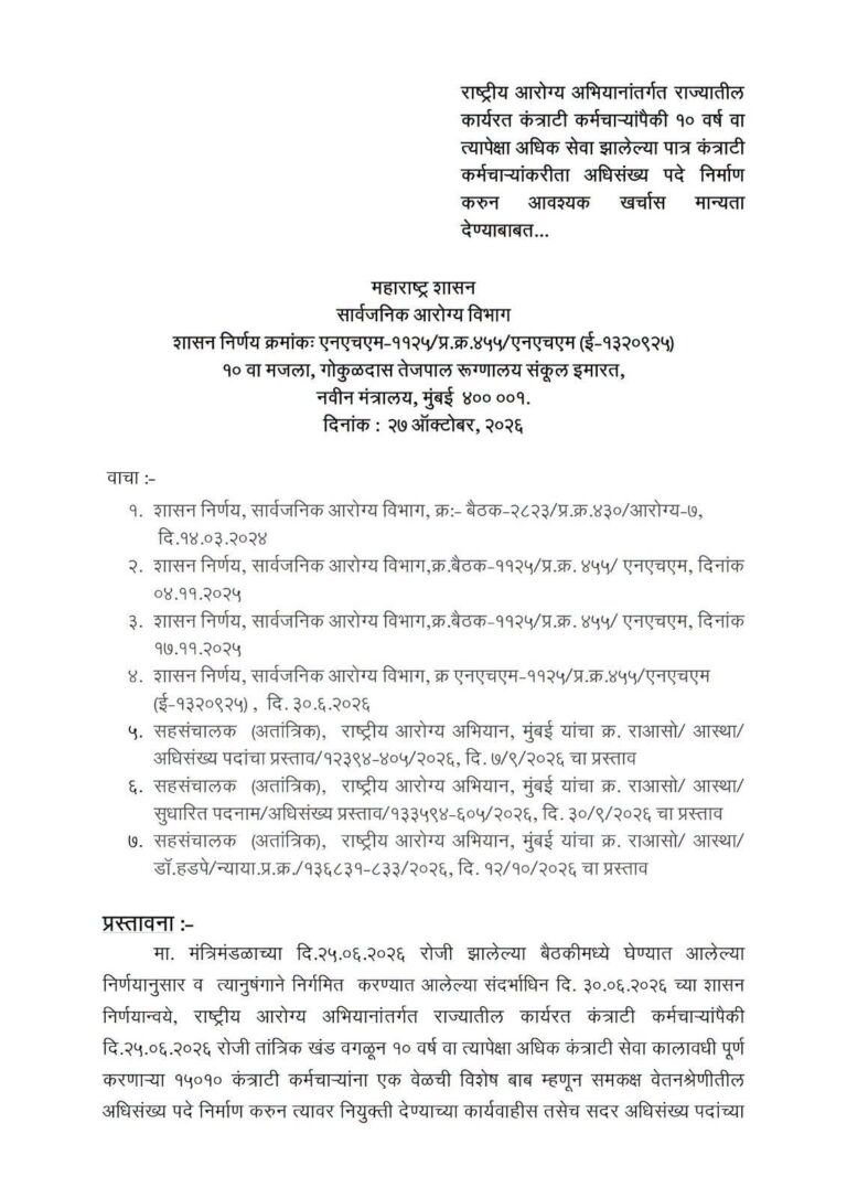 महाराष्ट्रातील १४,७८७ कंत्राटी आरोग्य कर्मचाऱ्यांना दिलासा; अधिसंख्य पदांना मान्यता