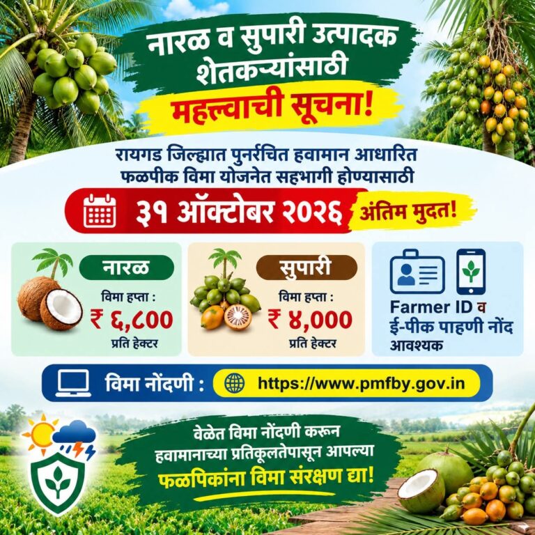 रायगड जिल्ह्यात फळपीक विमा योजनेसाठी ३१ ऑक्टोबर अंतिम मुदत