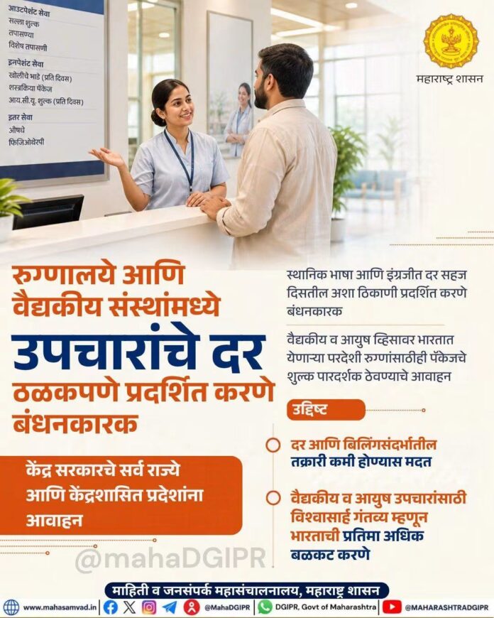 रुग्णालये आणि वैद्यकीय संस्थांमध्ये उपचारांचे दर ठळकपणे प्रदर्शित करणे बंधनकारक रुग्णालये आणि वैद्यकीय संस्थांमध्ये उपचारांचे दर ठळकपणे प्रदर्शित करणे बंधनकारक