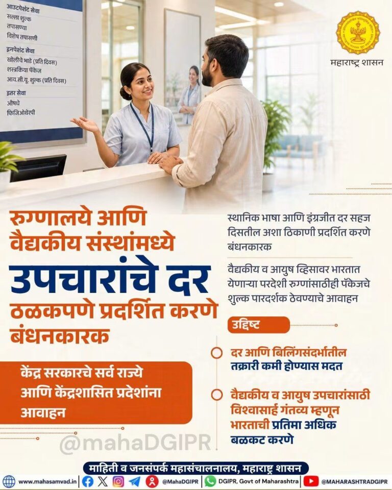 रुग्णालये आणि वैद्यकीय संस्थांमध्ये उपचारांचे दर ठळकपणे प्रदर्शित करणे बंधनकारक