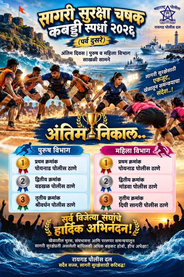 सागरी सुरक्षा चषक कबड्डी २०२६- पोयनाड पोलीस ठाण्याची पुरुष व महिला गटांत बाजी