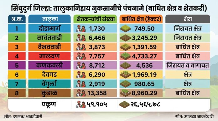 सिंधुदुर्गात ५१,१०५ शेतकऱ्यांच्या पीक नुकसानीचे पंचनामे पूर्ण; २६,५६५.७८ हेक्टर बाधित क्षेत्राचा अहवाल शासनाकडे