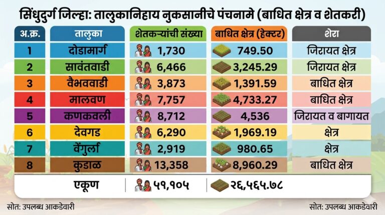सिंधुदुर्गात ५१,१०५ शेतकऱ्यांच्या पीक नुकसानीचे पंचनामे पूर्ण; २६,५६५.७८ हेक्टर बाधित क्षेत्राचा अहवाल शासनाकडे